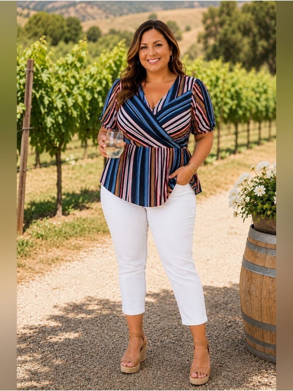 Striped Faux Wrap Peplum Blouse Size 14/16 Feminine Capsule Wardrobe Timeless
